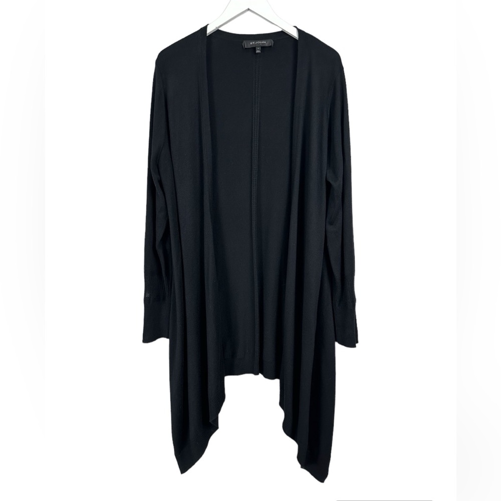 St. John Black Wool Cashmere Blend Open Front Drape Long Sweater Cardigan